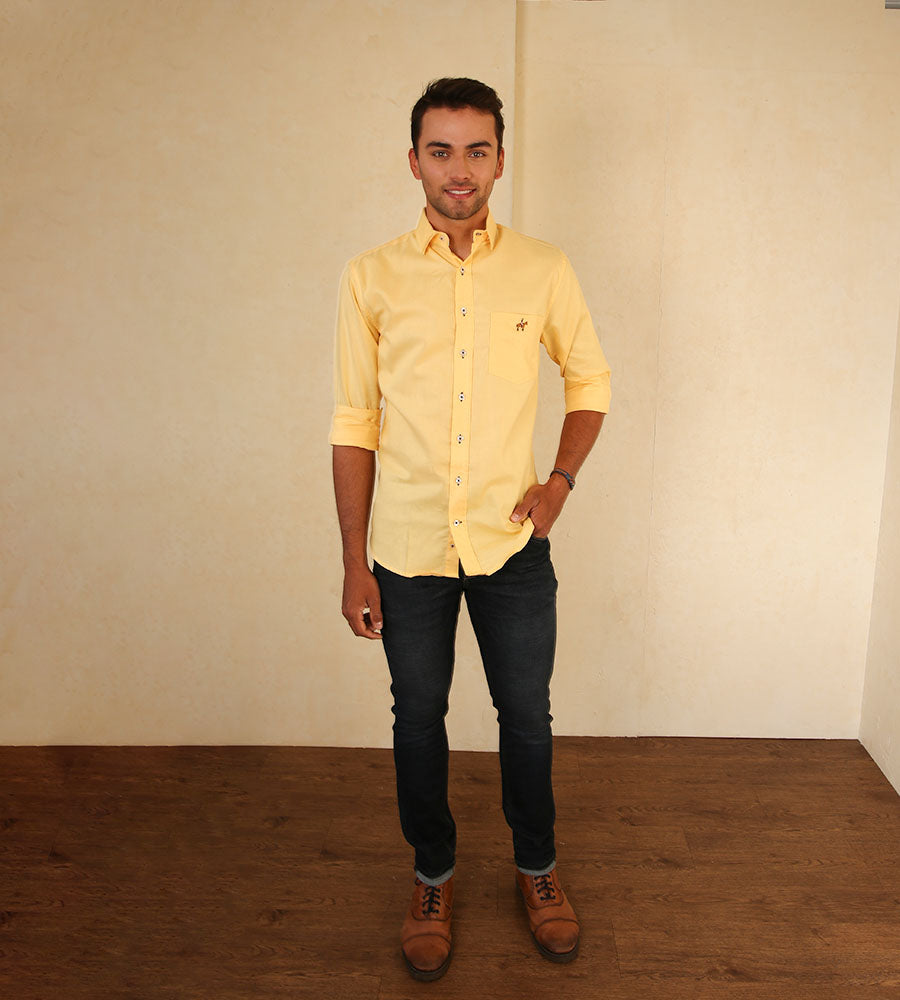 Camisa Fondo Entero Manga Larga Amarillo Medio Para Hombre Polo